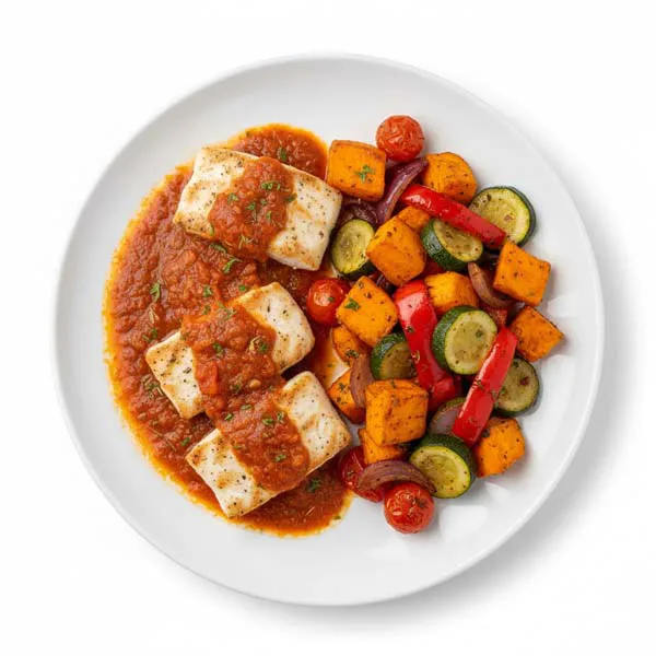Emarati Fish With Roasted Vegetable Sweet Potato Medley And Cumin Tomato Sauce